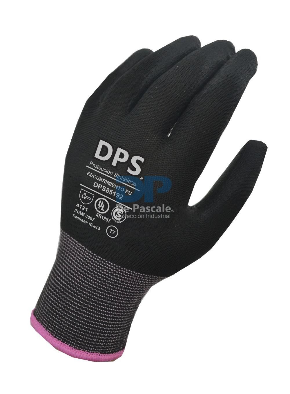 Guante de trabajo negro con agarre gris y puño rosa, con la etiqueta DPS/Pascal.