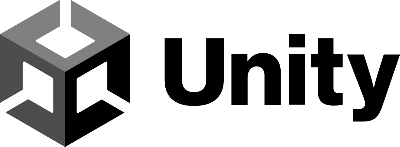 Logotipo de Unity: un cubo con recortes en tonos de gris junto a la palabra