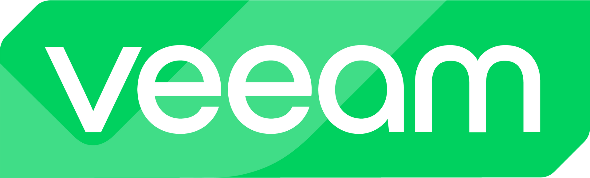 Logotipo de Veeam con texto blanco sobre fondo verde con diseño en ángulo.