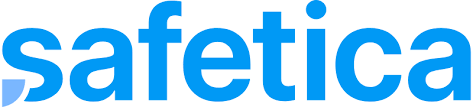 El logotipo de Safetica en texto azul, con un pequeño triángulo azul claro en la parte inferior izquierda de la
