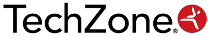 Logotipo de TechZone con texto negro y un gráfico rojo y blanco.