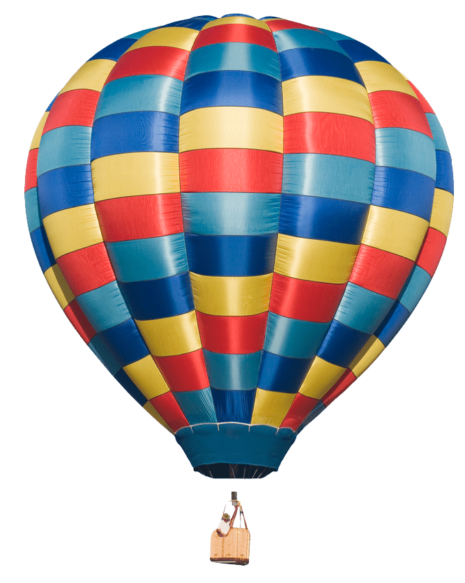 A colorful hot air balloon is flying in the sky