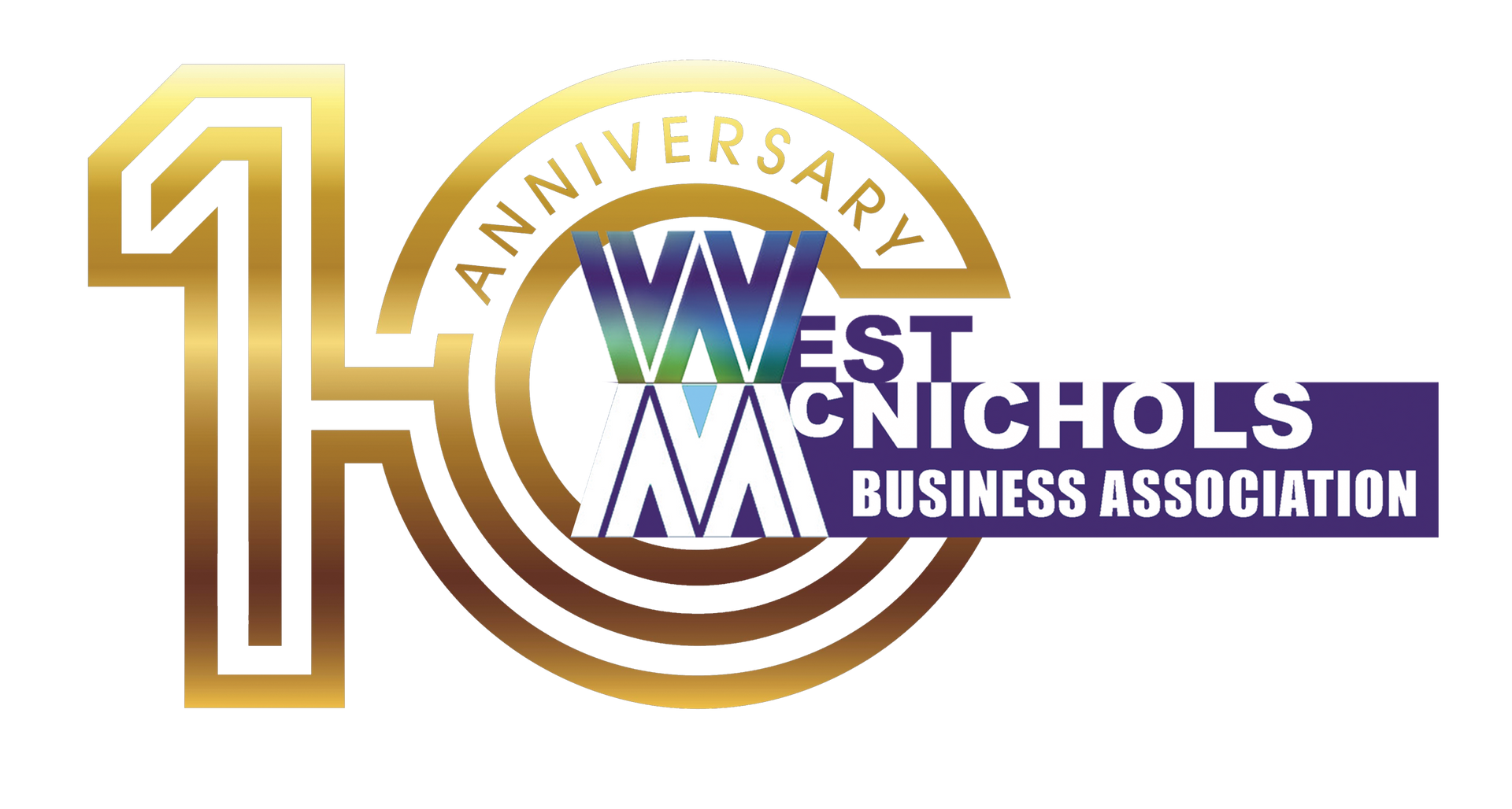 Gold-toned logo for the 10th Anniversary of the West McNichols Business Association, featuring the WM monogram.