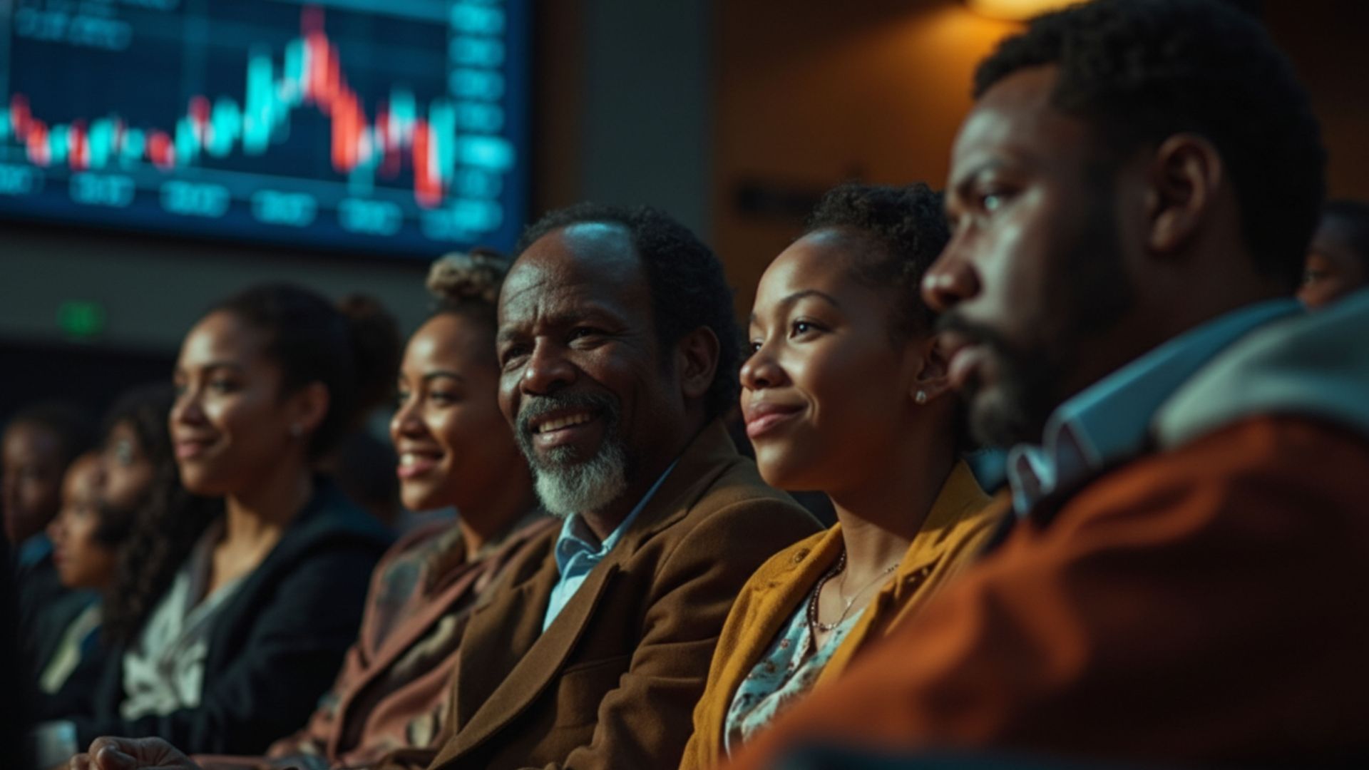A group of people watch a presentation with financial stock market graphs displayed on a large screen behind them.