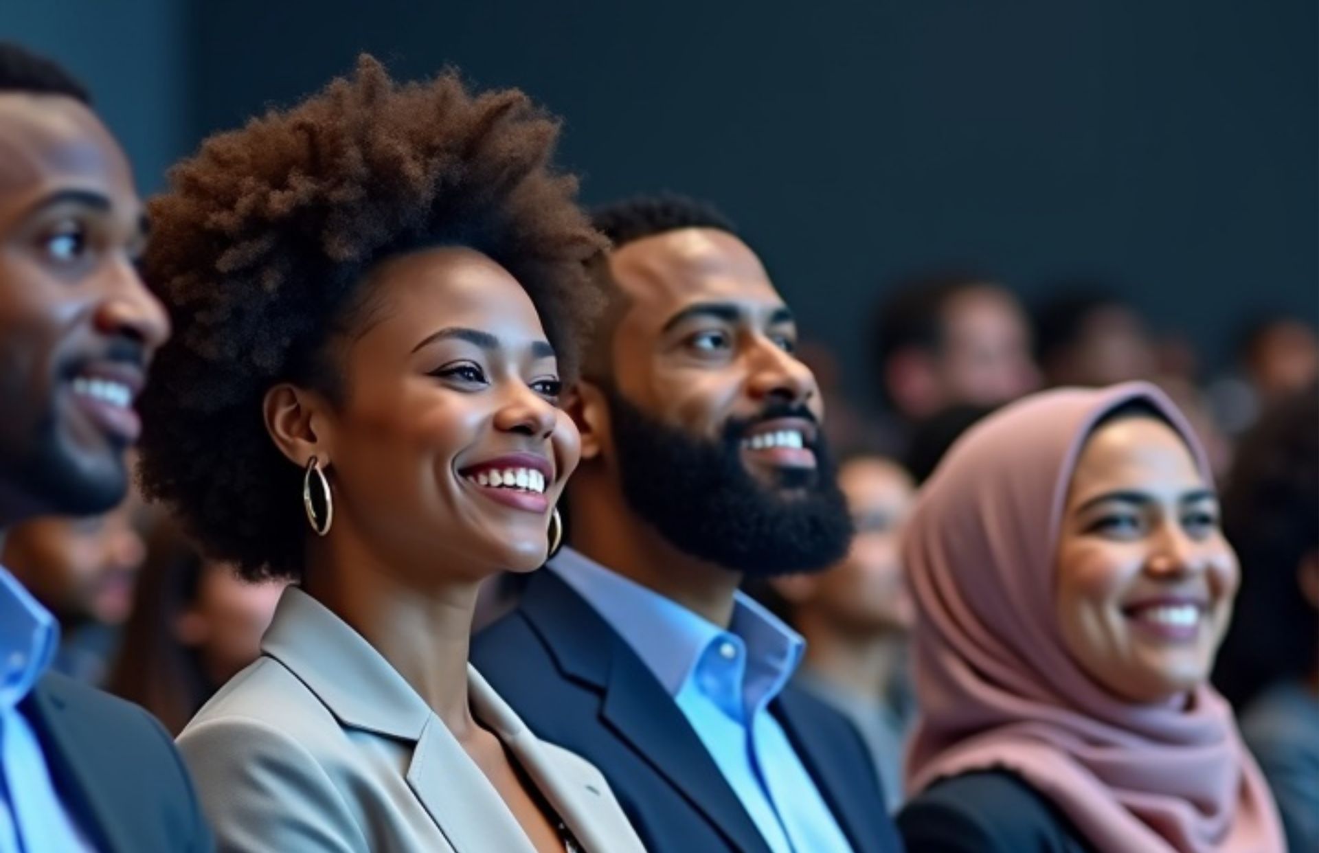 A diverse group of professional adults smiling while attending a seminar or presentation.
