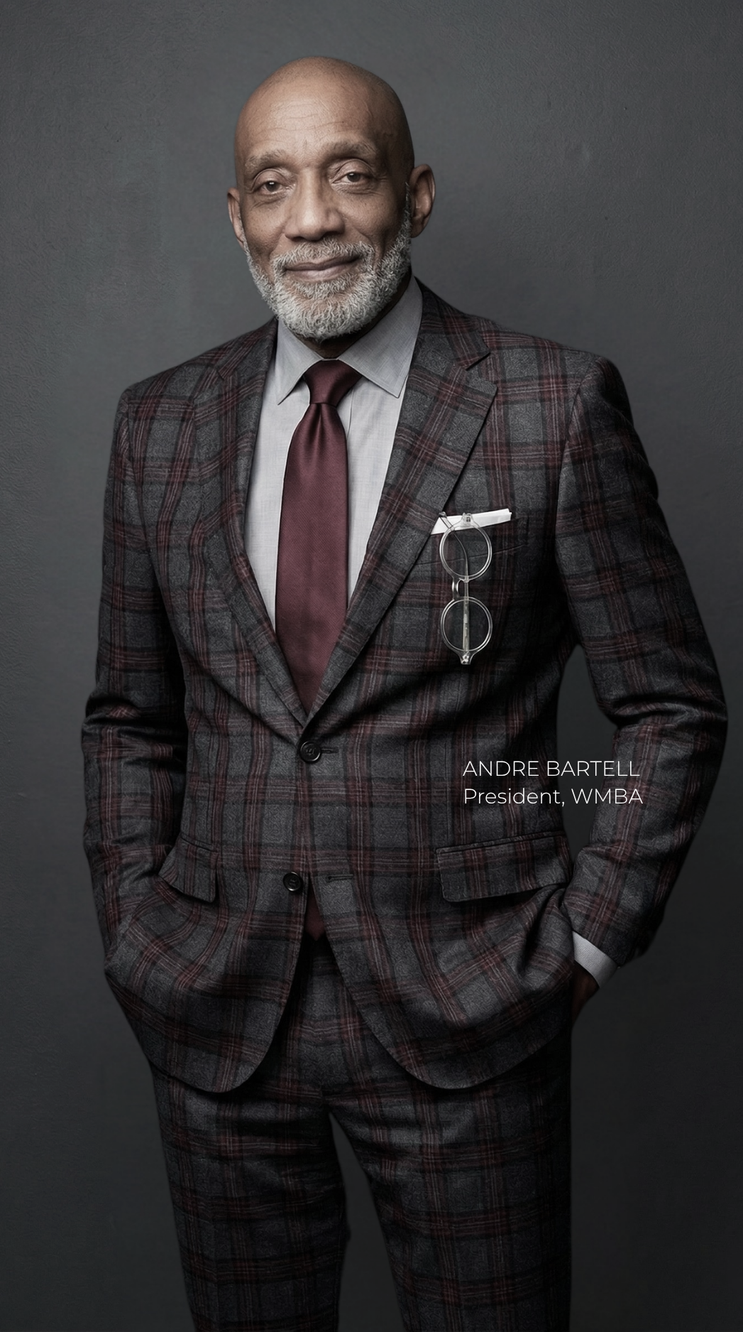 A person with a beard stands against a gray background wearing a dark patterned suit, gray shirt, and maroon tie.