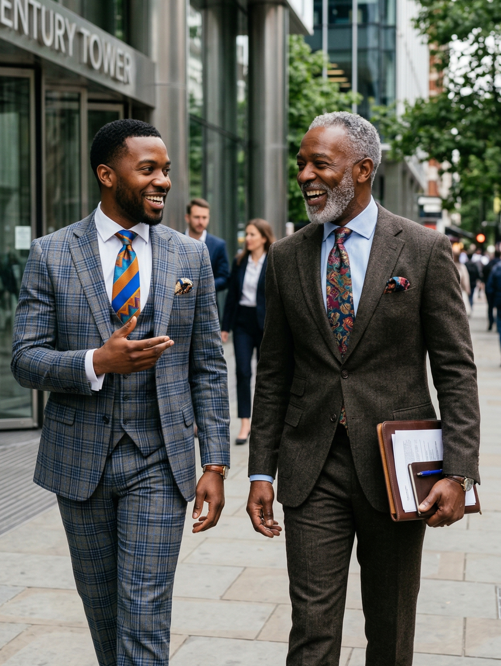 Two professionals in business suits walk and talk on a city sidewalk near an office building, smiling during a discussion.