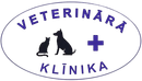 Veterinārās klīnikas logotips ar diviem kaķu siluetiem un zilu krustu ovāla iekšpusē