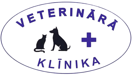 Veterinārās klīnikas logotips ar diviem kaķu siluetiem un zilu krustu ovāla iekšpusē