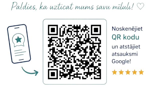 Baltas reklāmas dizains ar QR kodu un tekstu “Paldies, ka uzticāt mums savu mīlu!”
