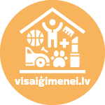 Oranžs apļveida logotips ar baltas mājas, instrumentu, automašīnas un rotaļu ikonām; teksts “visaigimenel.lv”