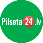 Pilseta24.lv logotips: zaļš aplis ar baltu tekstu un sarkanu “24” nozīmīti