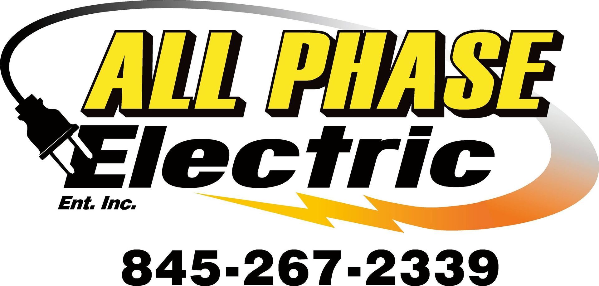 All Phase Electric logo with yellow and black text, orange swoosh, and phone number 845-267-2339