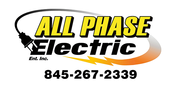 All Phase Electric logo with yellow and black text, plug graphic, orange swoosh, and phone number 845-267-2339