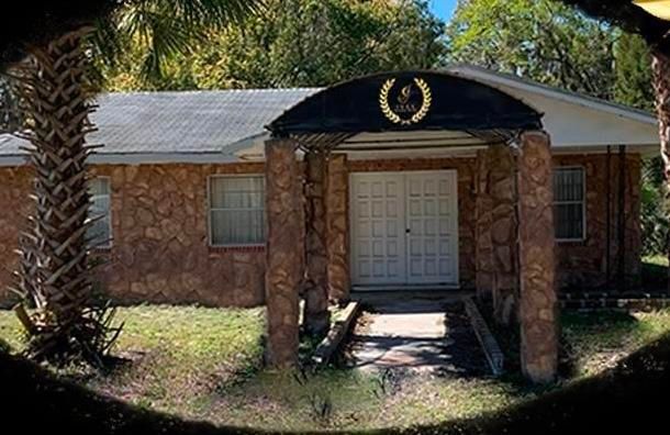 Brick house with white front door, arched porch, and palm trees in the yard