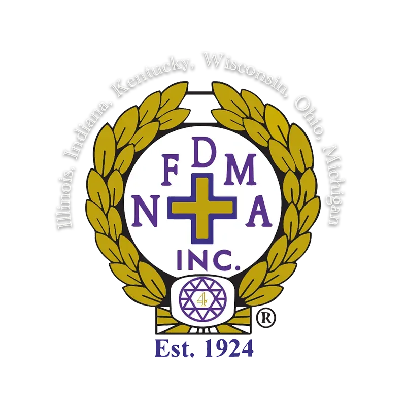 FDM Inc. emblem with purple cross, gold laurel wreath, and “Est. 1924” text
