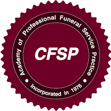 CFSP seal with maroon background and white text for Academy of Professional Funeral Service Practice, incorporated 1976