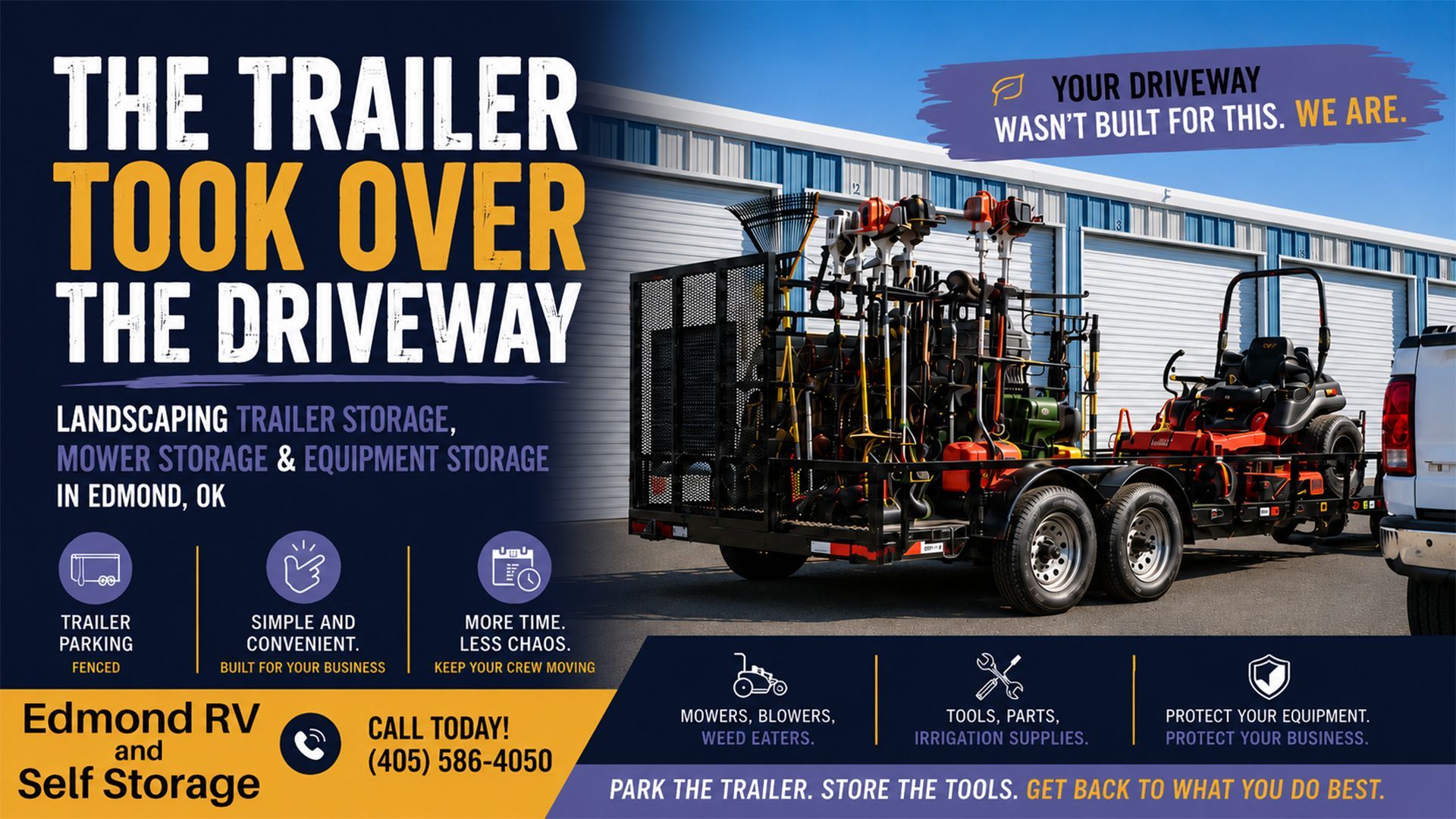Trailer storage in Edmond OK for landscaping equipment, lawn mowers, tools, and commercial vehicles