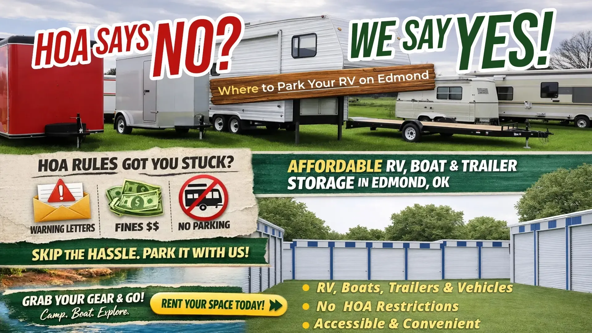Affordable RV, boat, and trailer storage in Edmond, OK with no HOA restrictions and convenient parki