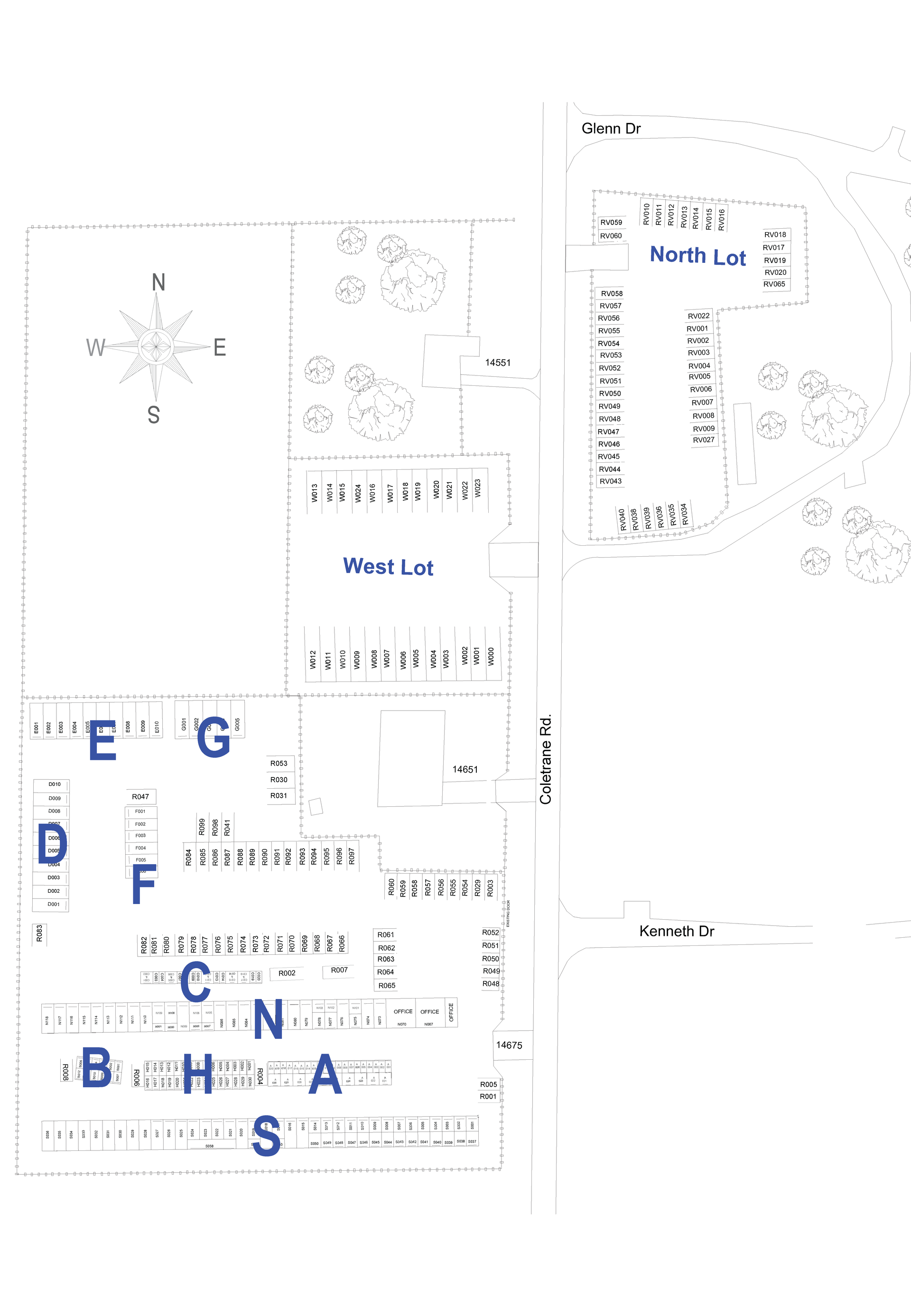Layout map of Edmond RV & Self Storage showing storage units, lots, and roads