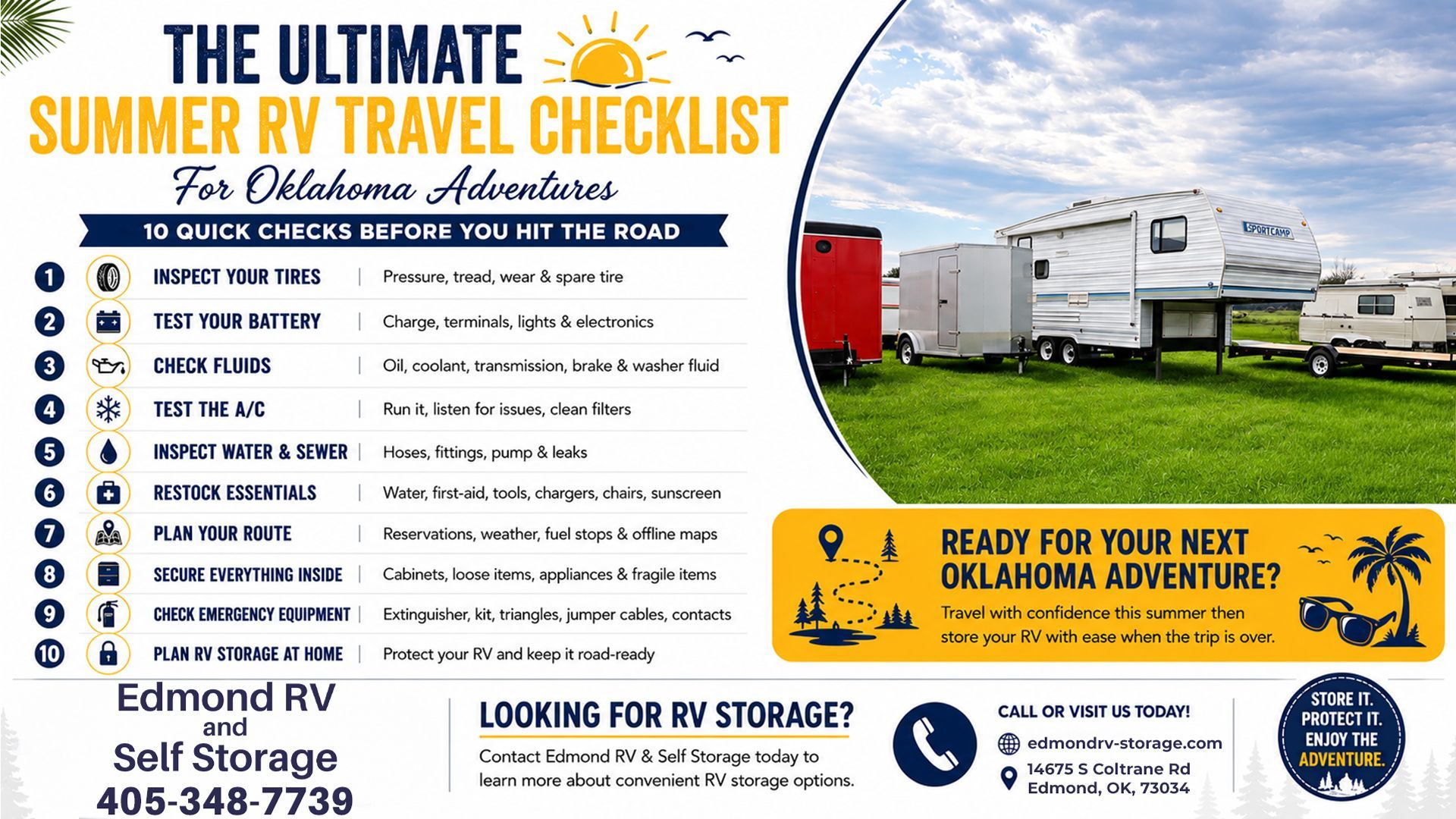 Summer RV travel checklist for Oklahoma adventures with RV maintenance tips and storage solutions in