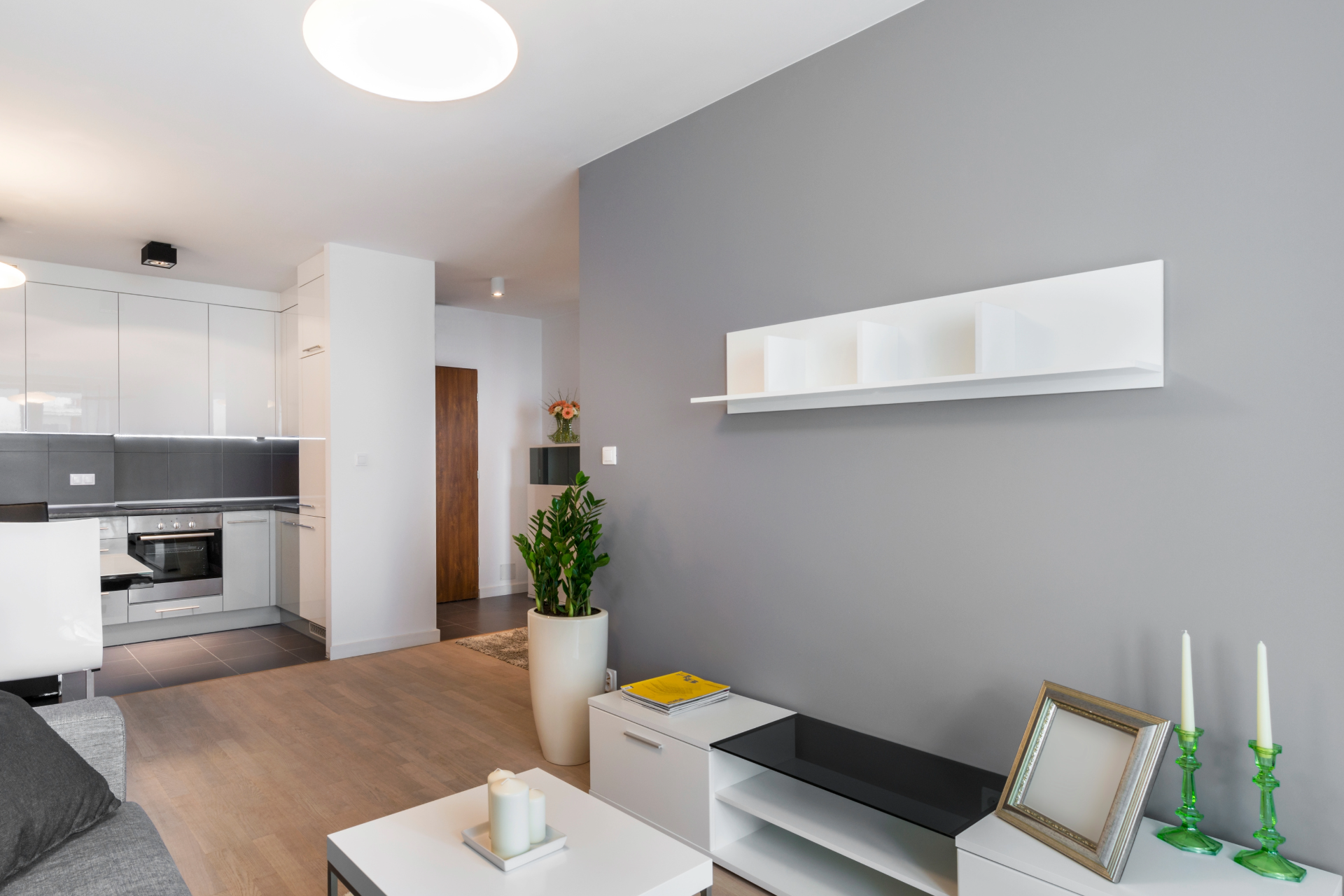 Modern apartment interior with kitchen, living area, and gray walls.