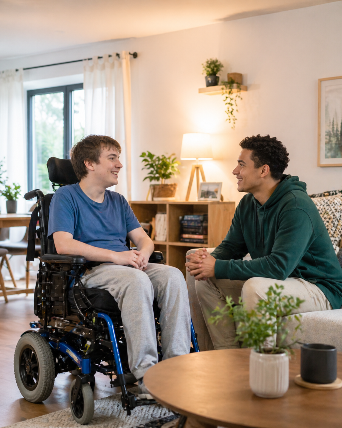 Two people chatting in a bright living room, one in a wheelchair and one on a couch, with plants and a coffee table.