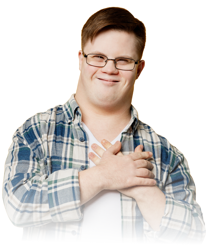 Person with Down syndrome smiling and crossing hands over chest, wearing glasses and a blue plaid shirt.