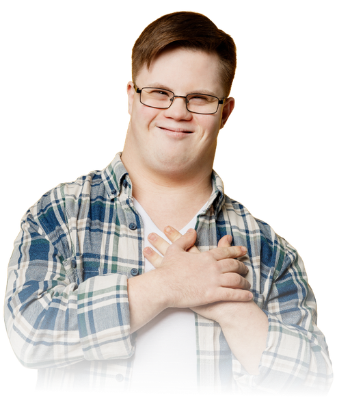 Person with Down syndrome in a plaid shirt, smiling and crossing hands over chest on a white background