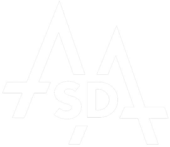 A white logo with the letters a and sd on a white background.