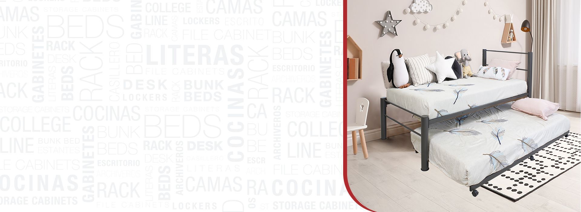 Una cama con una cama plegable debajo en un dormitorio.