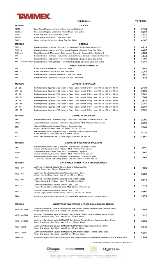 lista de precios foraneos