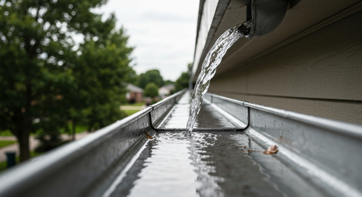 Rainwater flowing from a roof gutter into a metal downspout on a wet rooftop.