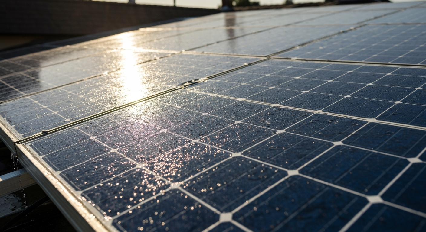 Dusty solar panels reflecting sunlight on a rooftop at dawn