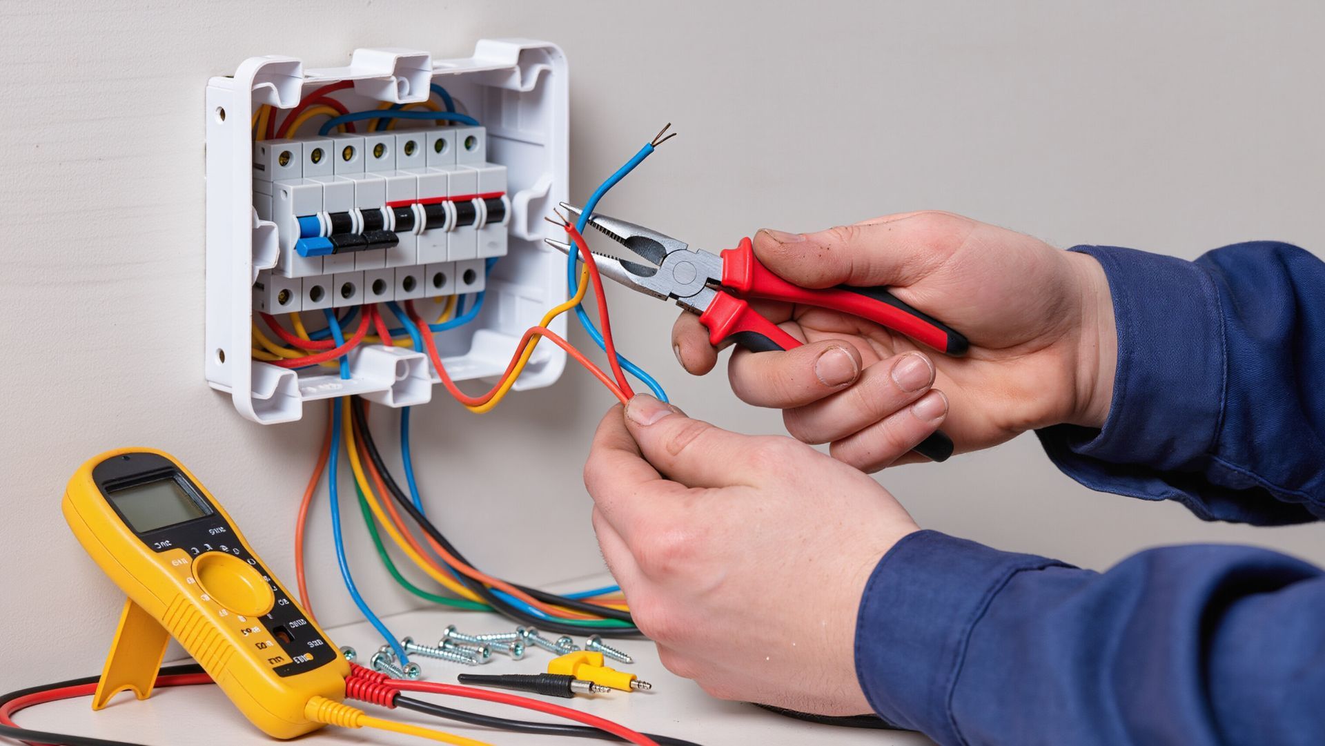 Hands using pliers to work on wires inside an electrical box with tools nearby.Hands using pliers to work on wires inside an electrical box with tools nearby. Hands using pliers to work on wires inside an electrical box with tools nearby.