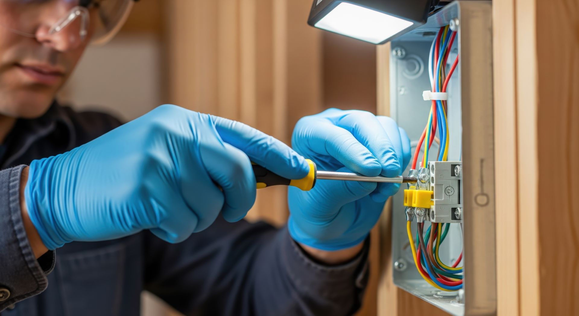 Residential electrician installing wiring in electrical box using tools and safety gloves. Residential electrician installing wiring in electrical box using tools and safety gloves.