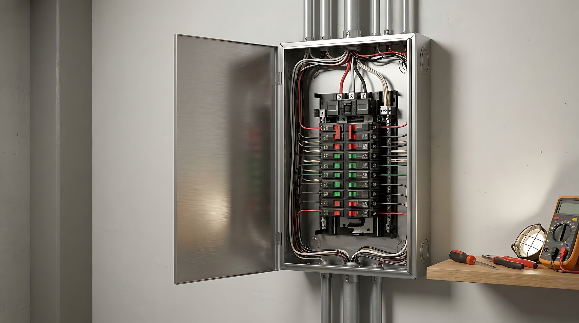 Open electrical panel, wires, and circuit breakers. Open electrical panel, wires, and circuit breakers.