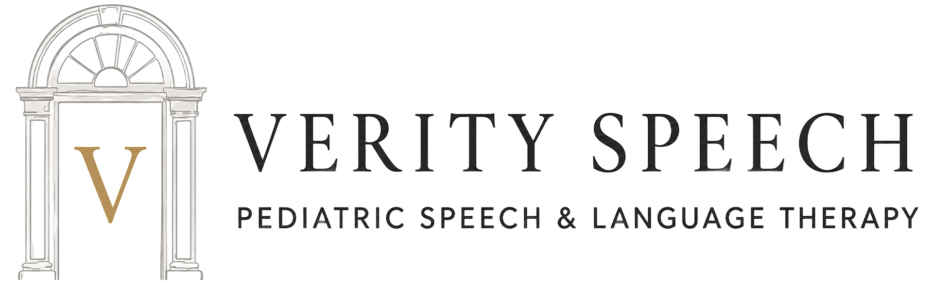 Verity Speech logo with gold arch icon and text “Verity Speech Pediatric Speech & Language Therapy”