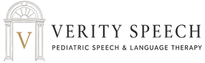 Verity Speech Pediatric Speech & Language Therapy logo with gold arch and serif text on white background