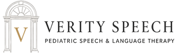 Verity Speech logo with gold arch icon and text “Verity Speech Pediatric Speech & Language Therapy”