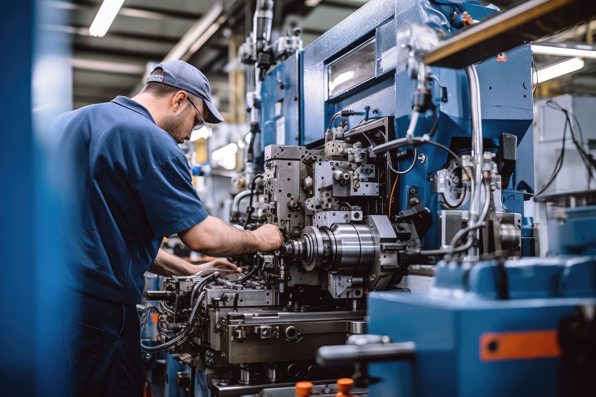 Un homme en bleu ajuste des machines dans une usine.
