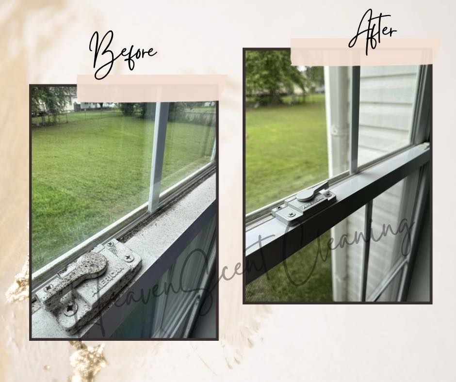 Before and after of a clean window track and sill beside a grassy yard.
