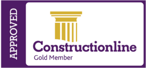 The logo for constructionline is purple and gold