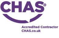 The chas logo is purple and white and says chas accredited contractor chas.co.uk.