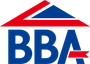 A red white and blue logo for bba