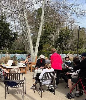 People seated at tables in a park like setting on a sunny day.