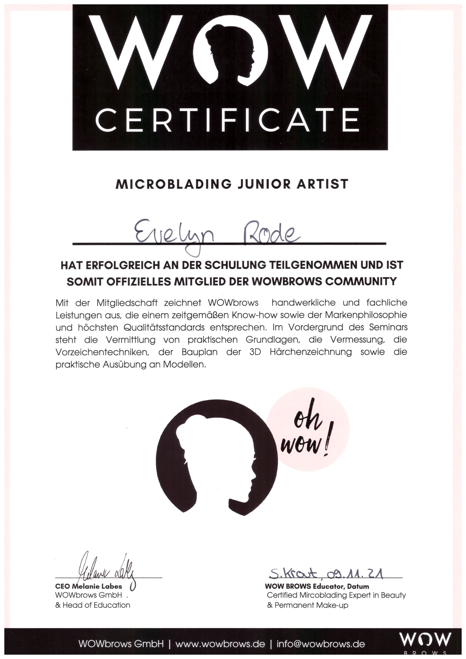 Ein Wow-Zertifikat für einen Microblading-Nachwuchskünstler.