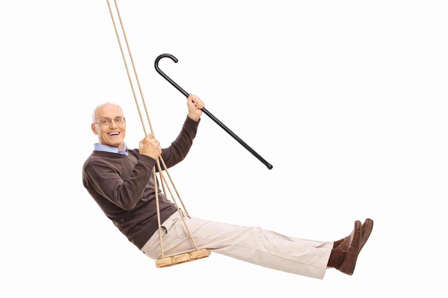 Old man on swing, holding a cane with a big smile - Smiles on Hudson In Hamilton, NSW