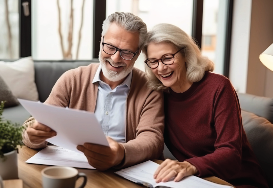 Two smiling people on a couch reviewing papers together in a bright living room