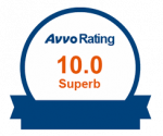 A blue and white circle with the words avvo rating 10.0 superb on it.